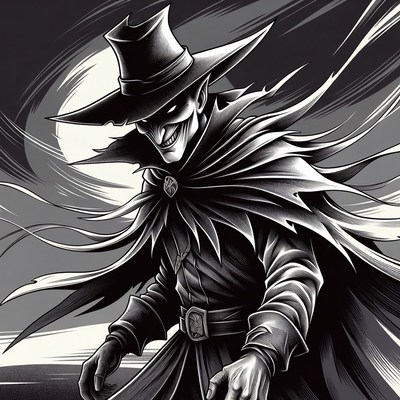 Sinister laughing man in hat and cloak