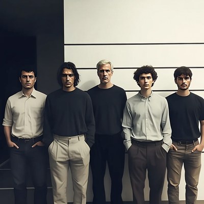 Five men standing against white wall