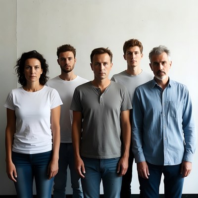 Group of five people standing against white wall
