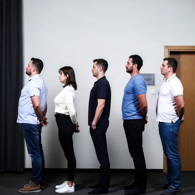 Group of five people standing in line