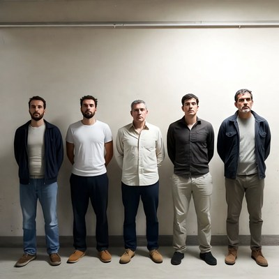 Five men standing in garage