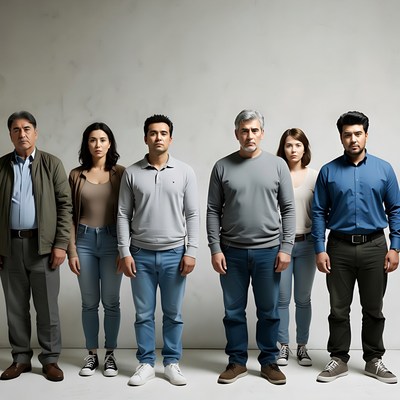 Diverse group standing against white wall
