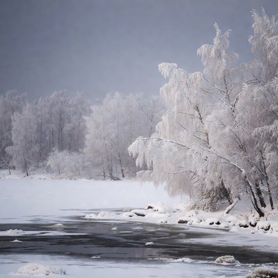 Snowy Trees by Frozen Lake