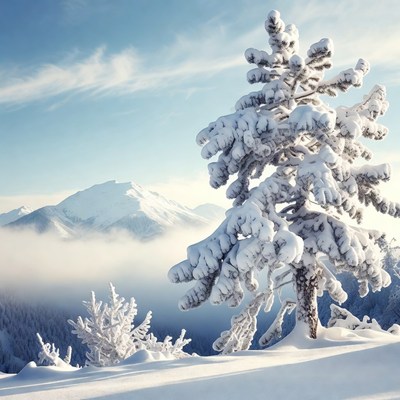 Snowy Pine Tree with Mountains
