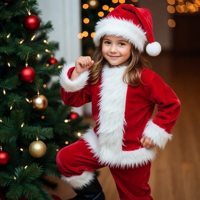 Girl in Santa costume by Christmas tree