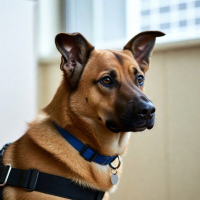 German Shepherd wearing blue collar
