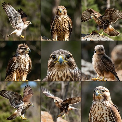 Collage of Flying and Perched Harris Hawks