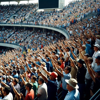 Crowd cheering with raised hands in stadium