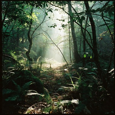 Sunlit Forest Path with Ferns