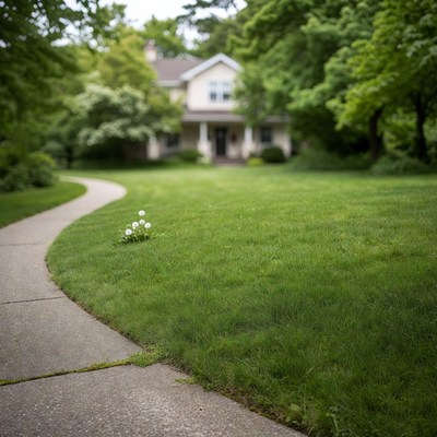 Curved walkway to house with white flowers