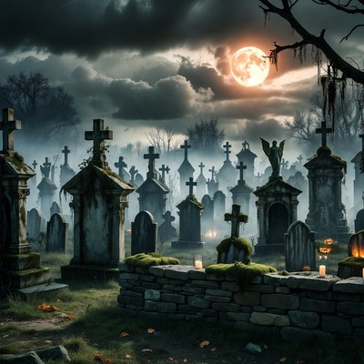 Spooky Cemetery Under Full Moon