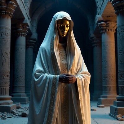 Woman with golden mask in ancient temple