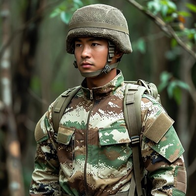 Asian soldier in camouflage helmet forest