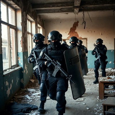 SWAT team advancing in abandoned building
