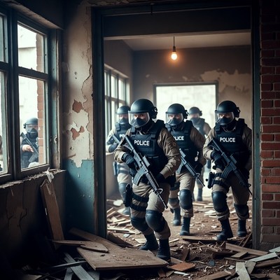 SWAT team entering abandoned building