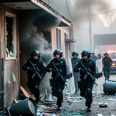 SWAT team advancing through burning street