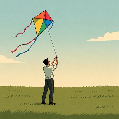 Man flying colorful kite in field
