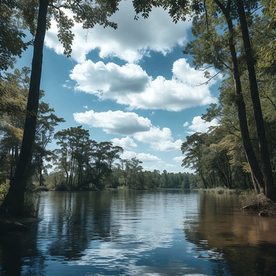 Forest Framed Lake with Blue Sky