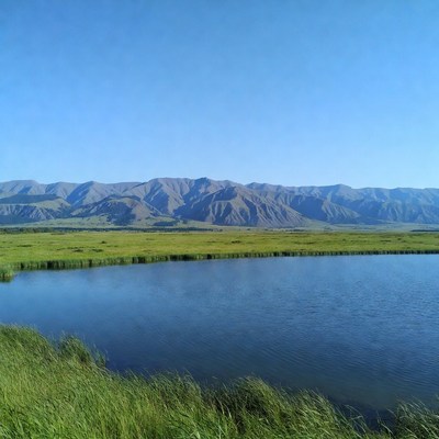 Green Grass Lake with Distant Mountains