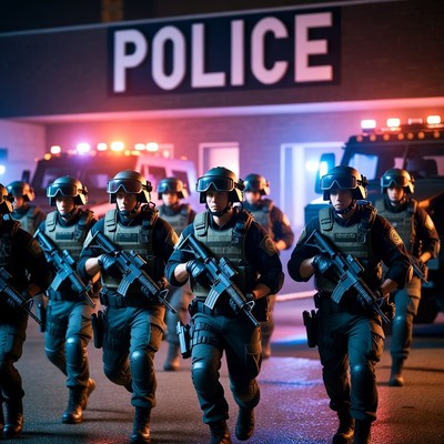 SWAT Police Team Marching at Night