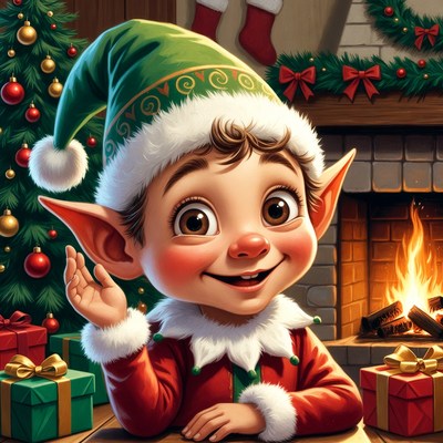 Cute Christmas Elf by Fireplace