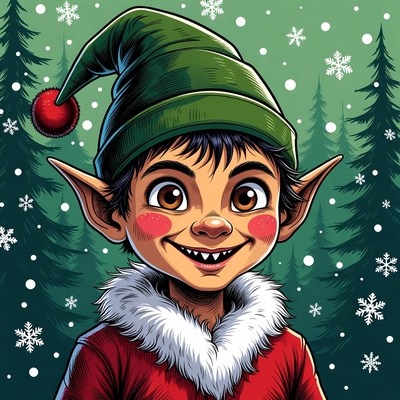 Cartoon Christmas Elf Smiling in Snowy Forest