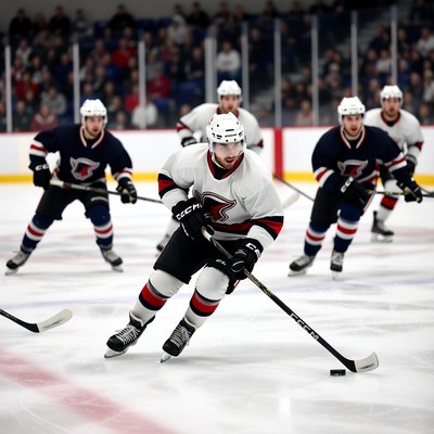 Hockey players skating with puck