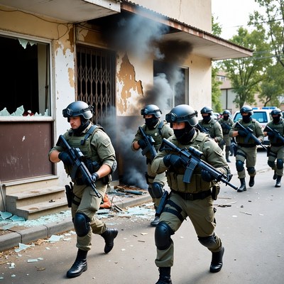SWAT team storming burning building