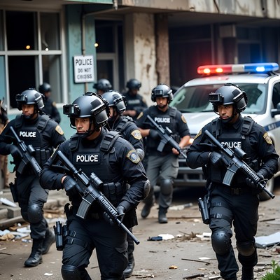 SWAT Police Officers Charging with Rifles