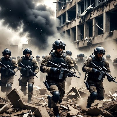 Soldiers Running Through War-Torn Ruins