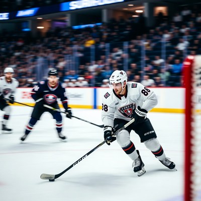 Hockey player shooting near goal