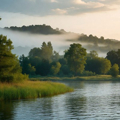Misty Forest Lake at Sunrise