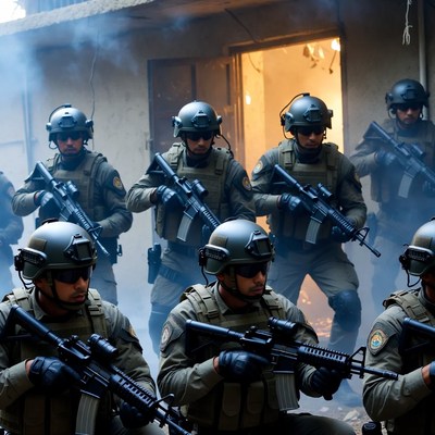 SWAT team advancing through smoke