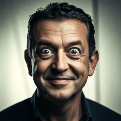 Man with wide surprised eyes smiling