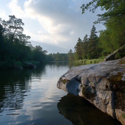 River by Mossy Rock in Forest