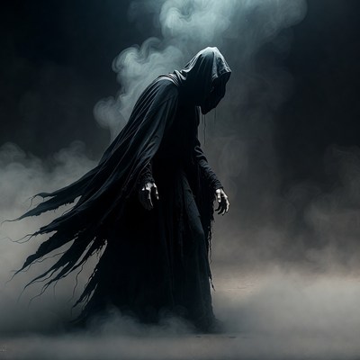 Dark hooded figure in mist