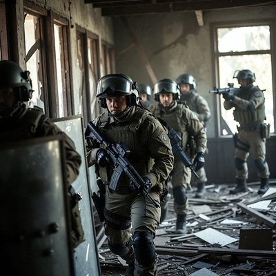 SWAT team advancing in ruined building