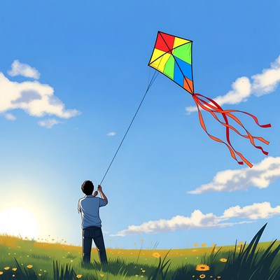 Boy flying colorful kite in field