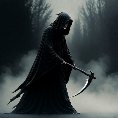 Grim Reaper with scythe in foggy forest