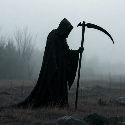 Grim Reaper with Scythe in Foggy Field
