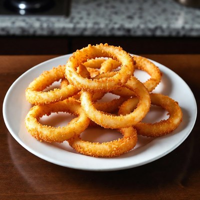 Stack of golden fried onion rings