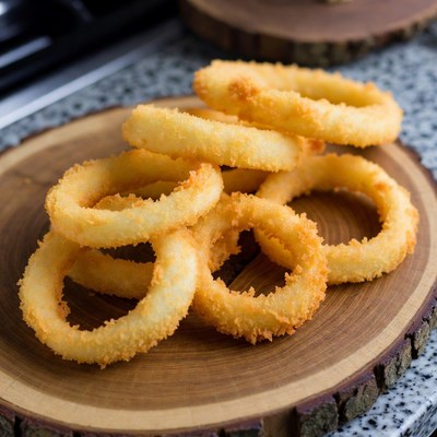 Golden Onion Rings on Wooden Board