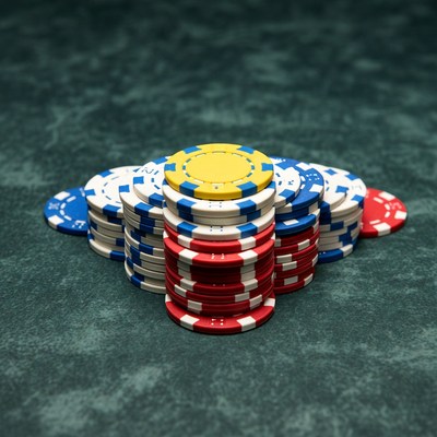 Colorful Poker Chips Stacked on Green Felt