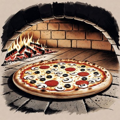 Pizza in brick oven illustration