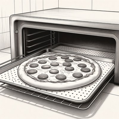 Pizza baking in oven