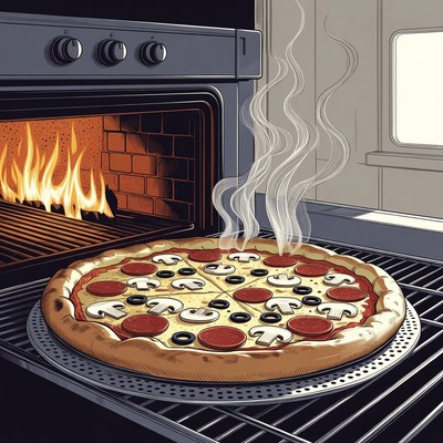Fresh pizza baking in oven