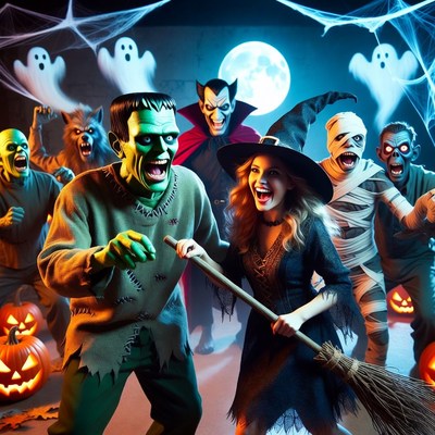 Halloween Monsters Dancing with Witch
