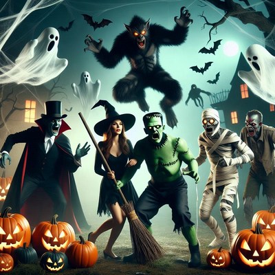 Halloween Monsters Group with Pumpkins