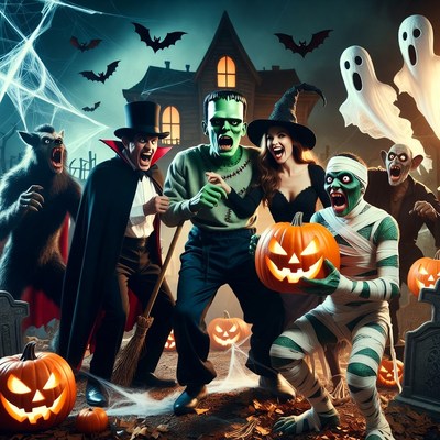 Halloween Monsters Group with Pumpkins