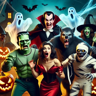 Halloween Monsters with Scared Woman
